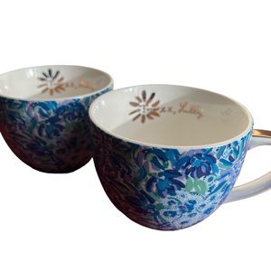 Lily Pulitzer set of 2 Mugs Tea Coffee Gold Handles Blue White Ceramic GUC